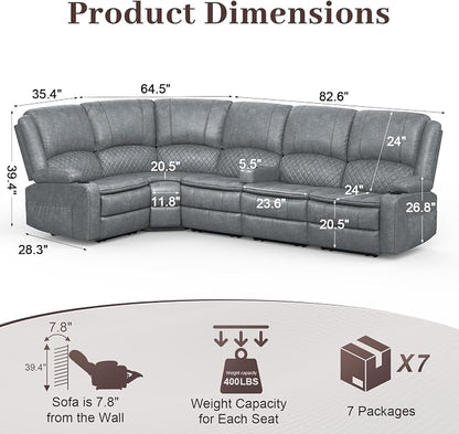 Yolsali Manual Reclining Sectional Sofa Set, 5 Seats 1+1+3 Leather Reclining - Image 2