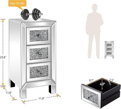 VINGLI 3-Drawer Mirrored Nightstand Bedside Table Glass Accent End Table - Image 2