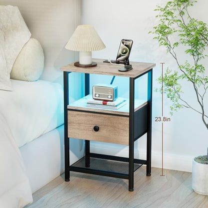 LOAKEKEL Nightstand with Charging Station, End Table with Fabric Drawer - Image 8
