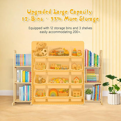 Toy Storage Organizer with Bookshelf – Wooden Toy Organizer with 12 Toy Bins & - Image 5