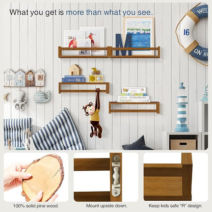 Forbena Dark Wood Nursery Kids Bookshelf Wall Mounted, Wooden Floating Nursery - Image 7