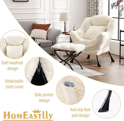Lazy Chair with Ottoman, Large Lvory Accent Chair with Ottoman and FA Throw - Image 7