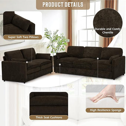 Comfy Chenille Sofa Set with Well-Filled Pillows, Modern 3 Seater and Loveseat - Image 2