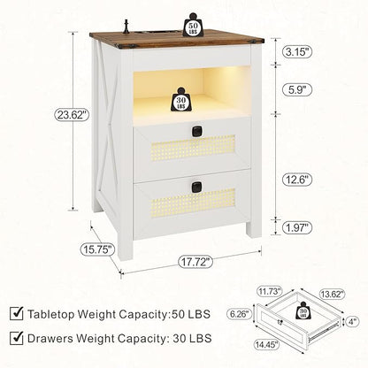 Bedside Table Set of 2 with Charger Station, Night Stand with Gun Drawer - Image 2