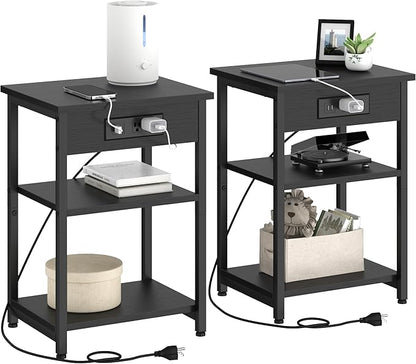 End Tables Set of 2 with Charging Station USB Ports, 3 Tier Tall Night Stand by CALERTAINDirect