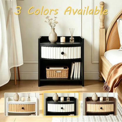 Wooden Nightstand with Drawer and Open Storage Shelf, Curved Front Bedside Table - Image 7