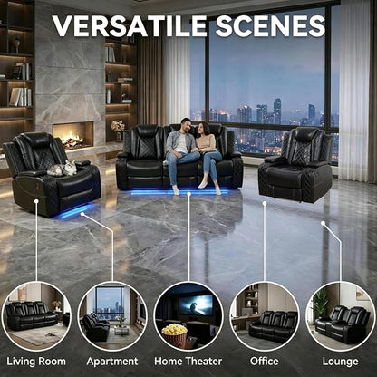 Power Recliner Sofa Set with LED Lights, Includes 2 Manual Recliner 1 Seat and - Image 5