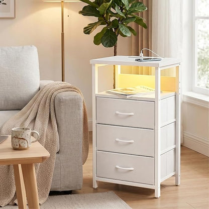Fixwal White Nightstand with Charging Station, LED Night Stand with 3 Fabric - Image 7