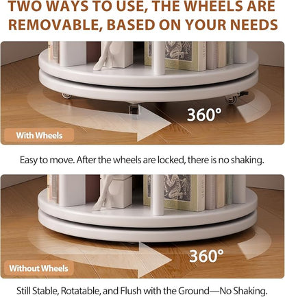 Muwuele Solid Wood Rotating Bookshelf on Wheels, 4 Tier, Round Revolving - Image 5