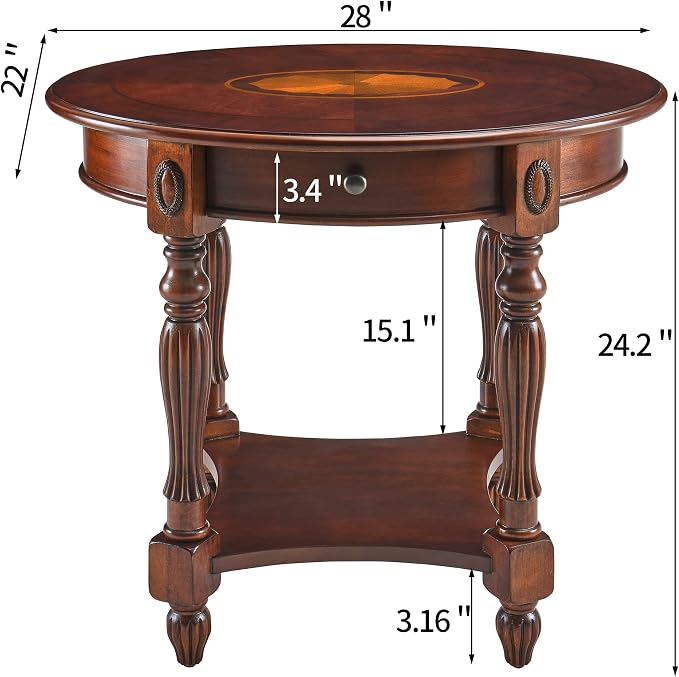 Solid Wood Oval End Table with Drawer and Storage Shelf, Traditional Vintage - Image 2