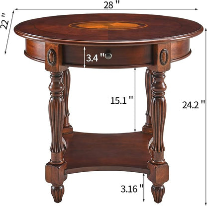 Solid Wood Oval End Table with Drawer and Storage Shelf, Traditional Vintage - Image 2