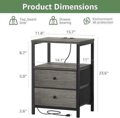 BOLUO Gray Nightstand with Charging Station, LED Night Stand with 2 Fabric - Image 3