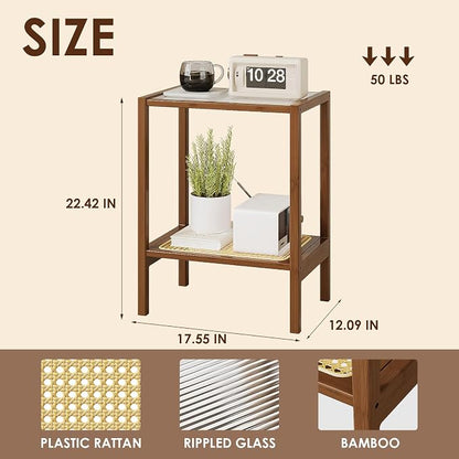 Bamworld Rattan Side Table Living Room Glasstop Night Stand Boho End Table - Image 2