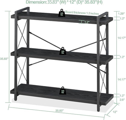 HCHQHS Bookshelf, 3-Tier Industrial Bookcase, Freestanding Horizontal - Image 3