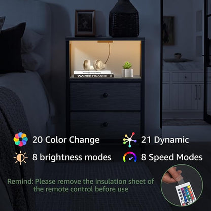 BOLUO Gray Nightstand with Charging Station, LED Night Stand with 2 Fabric - Image 6