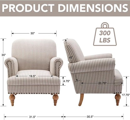 Khaki Striped Linen Fabric Accent Chair, Modern Farmhouse Upholstered Armchair - Image 2