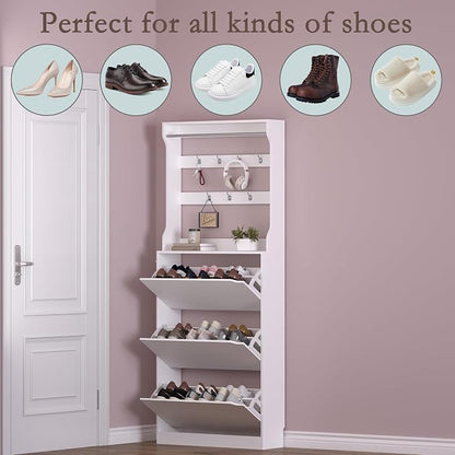 BORNOON Shoe Cabinet with 3 Flip Drawers & Coat Rack, Narrow Hidden Shoe - Image 4