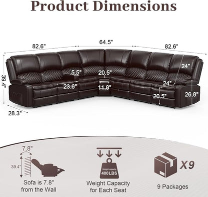 Yolsali Manual Reclining Sectional Sofa Set, 7 Seats Soft Leather Recliner - Image 2