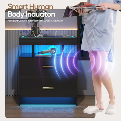 LED Nightstand with Wireless Charging Station, Glass Top Smart Bedside Table - Image 5