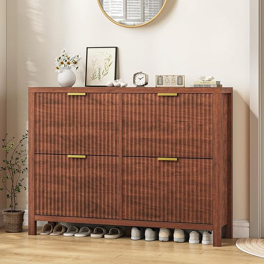 YOMILUVE Shoe Cabinet Storage for Entryway, Fluted Walnut Shoe Cabinet by YomiluveDesign