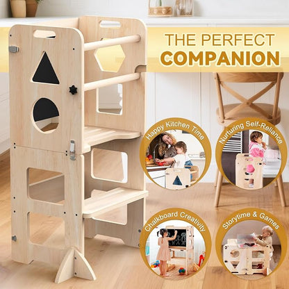 Woodure 3-in-1 Toddler Kitchen Step Stool, Foldable Learning Standing Tower - Image 6
