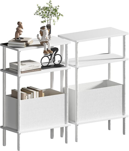 Narrow Side Table with Fabric Basket, Slim Nightstand with 3-Tier Storage Shelf by Unknown