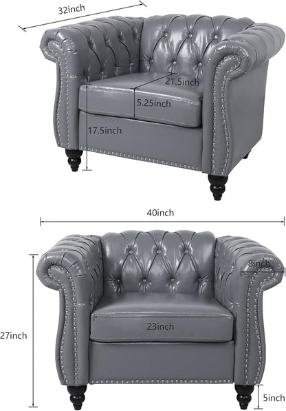ORRD 2 Piece Living Room Set, Chesterfield Leather Sofa Couch Chair - Image 7
