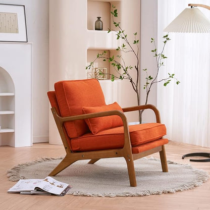 Bonnlo Linen Burnt Orange Mid Century Modern Accent Chair, Soild Wood Padding - Image 8