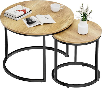 Smuxee Nesting Coffee Table Set of 2, 23.6" Round Coffee Table Brown Wood - Image 9