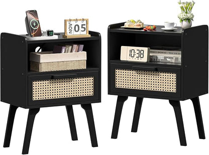 Lerliuo Rattan Nightstands Set of 2, Bedside Table by Lerliuo