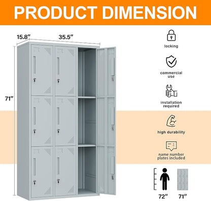 Metal Locker with 9 Doors Employees Locker, Metal Storage Locker with Hooks - Image 3