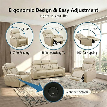 Power Recliner Sofa Set with LED Lights, Includes 2 Manual Recliner 1 Seat and - Image 2
