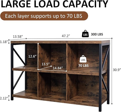 6 Cube Storage Organizer Bookshelf, Industrial Horizontal Bookcase, Accent - Image 2