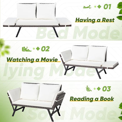 Greesum Outdoor Sofa, Woven Rattan Patio Furniture, Convertible Daybed or - Image 5