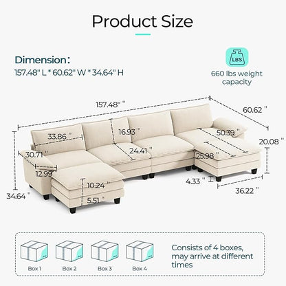 LINSY HOME 157" Modular U-Shaped Sectional Sofa, 4-Seat Corduroy Modern Cloud - Image 2