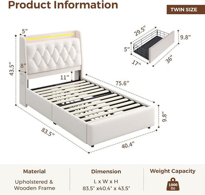 Twin LED Velvet Bed Frame with 2 Storage Drawers&Hidden Headboard, Upholstered - Image 2