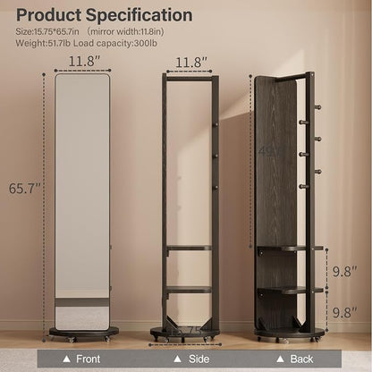 WoodsWhisper Full Length Mirror Coat Rack Solid Wood Floor Mirror 66"x12" Full - Image 2