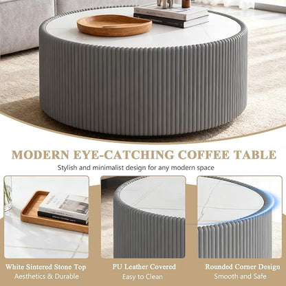 29.52" Round Marble Coffee Table, Modern Fluted Coffee Table w/White Sintered - Image 4