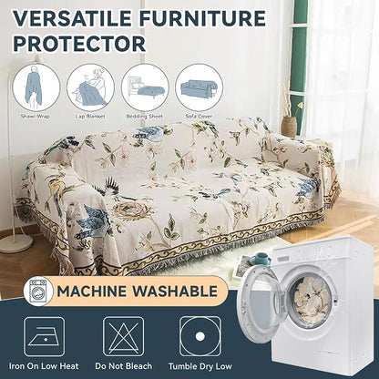 VClife Boho Beige Jacquard Couch Cover Modern Floral Bird Cotton Linen Slipcover - Image 9