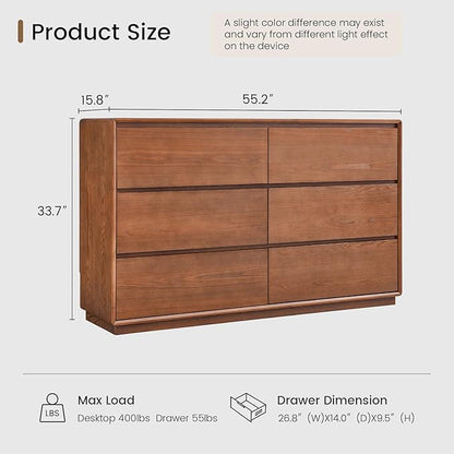 Solid Wood Dresser for Bedroom, Natural Solid Wood 6 Drawer Dresser, 55.2" Wide - Image 2