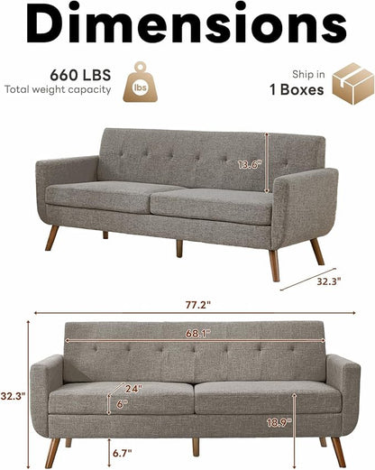 Tbfit 77.2" W Linen Sofa Couch, Mid Century Modern Decor Loveseat Couches - Image 2