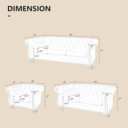 QHITTY 3 Piece Living Room Set, Sectional Chesterfield Sofa Chair Contemporary - Image 2