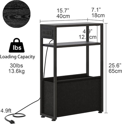 Leomonio Black Side Table with Charging Station, Slim End Tables with Fabric - Image 2