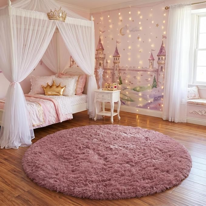 Blush Fluffy Round Rug 5Ft for Bedroom, Fuzzy Plush Circle Area Rugs for Baby - Image 4