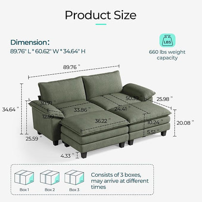 LINSY HOME 90" Modular Cloud Love Seat Sofa, Corduroy Soft Sectional Couch - Image 2