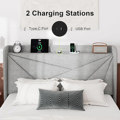 Feonase Full Bed Frame with Charging Station, Linen Upholstered Platform - Image 3