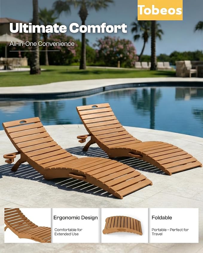 Folding HDPE Pool Lounge Chairs Set of 2, Pre-Assembled Outdoor Chaise Lounge - Image 4
