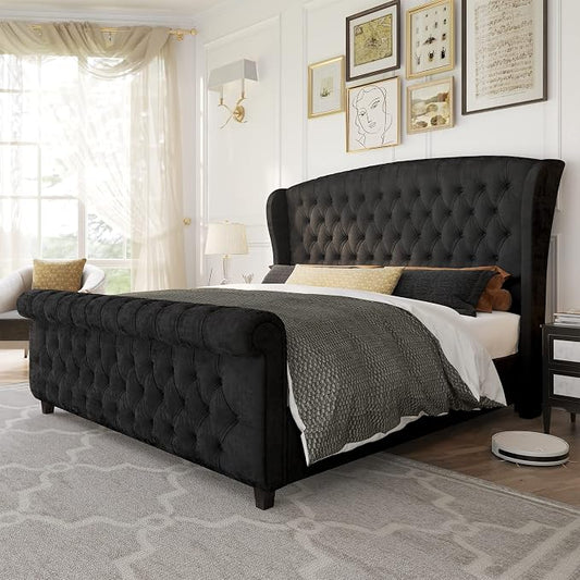 AMERLIFE Queen Size Platform Bed Frame, Velvet Upholstered Sleigh Bed by AMERLIFE