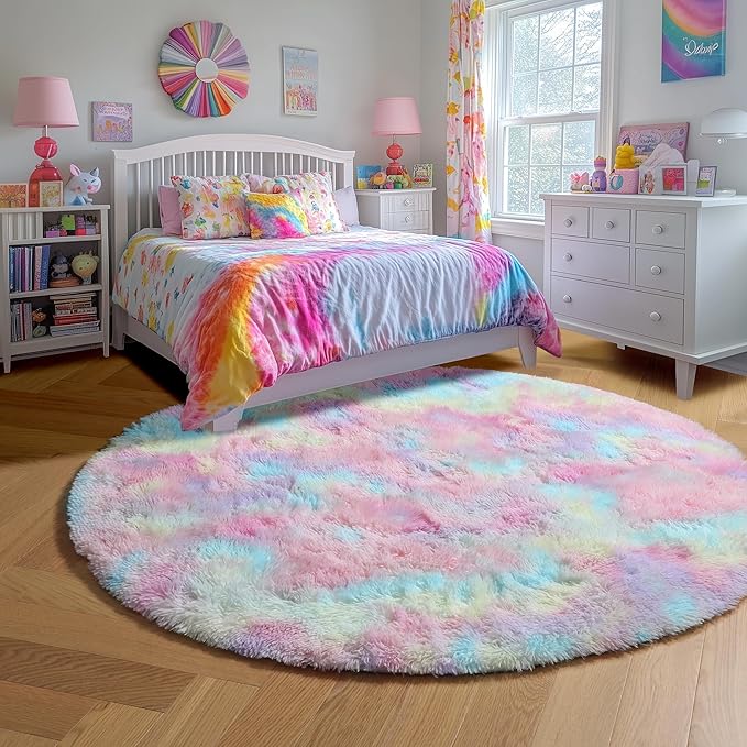 Amdrebio Rainbow Fluffy Round Rug 4Ft Kids Rugs - Image 2