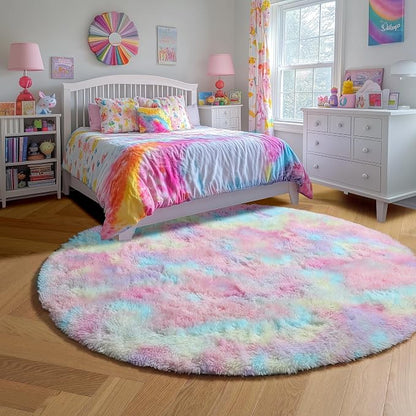 Amdrebio Rainbow Fluffy Round Rug 7Ft Kids Rugs - Image 2